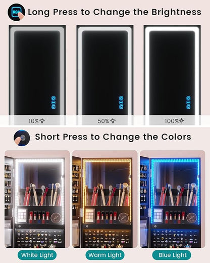 Vlskra Mirror Jewelry Cabinet Standing with Full Length LED Mirror, Black | Lockable Jewelry Armoire with 14 RGB Color Modes, Rotating Jewelry Organizer with Dustproof Lock, Gift Idea for Women, Girls