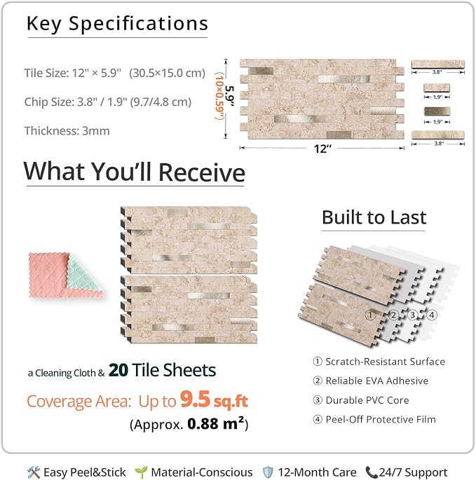 StyloVue 20 Sheets Peel and Stick Backsplash for Kitchen, 2026 Upgraded Classic Travertine Beige with Gold Metal Accents, Stick on Tile for Kitchen Backsplash, RV, Fireplace