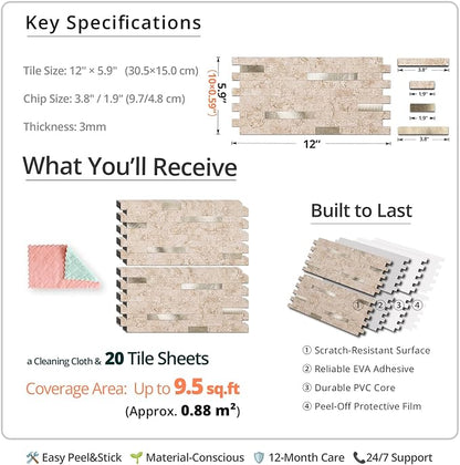 StyloVue 20 Sheets Peel and Stick Backsplash for Kitchen, 2026 Upgraded Classic Travertine Beige with Gold Metal Accents, Stick on Tile for Kitchen Backsplash, RV, Fireplace