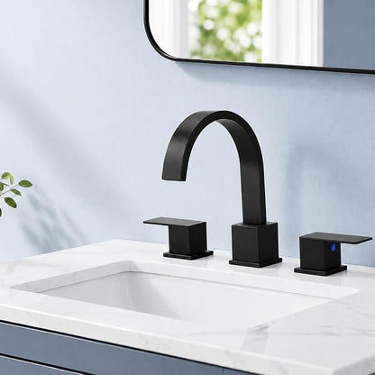 Widespread 8 Inch Matte Black Bathroom Sink Faucet, Waterfall Black Stainless Steel Bathroom Faucet for Sink 3 Hole, Vanity Lavatory Sink Faucets with Drain & Water Hoses