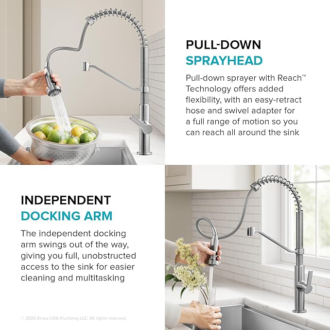 KRAUS Oletto Commercial Style 2-Function Single Handle Pull Down Kitchen Faucet in Spot-Free Stainless Steel, KPF-2643SFS
