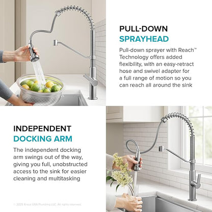 KRAUS Oletto Commercial Style 2-Function Single Handle Pull Down Kitchen Faucet in Spot-Free Stainless Steel, KPF-2643SFS