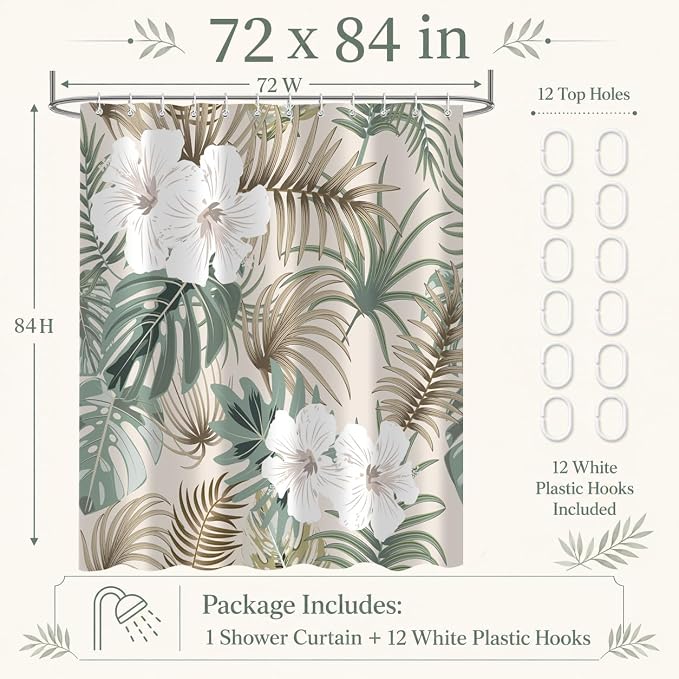 Tropical Shower Curtain for Bathroom, Green Palm Tree Flower Plant Boho Leaf Banana Monstera Sage Beige Shower Curtains Set, Fabric Bathroom Accessories with Hooks 72x84 Inch
