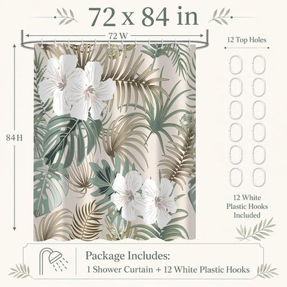 Tropical Shower Curtain for Bathroom, Green Palm Tree Flower Plant Boho Leaf Banana Monstera Sage Beige Shower Curtains Set, Fabric Bathroom Accessories with Hooks 72x84 Inch
