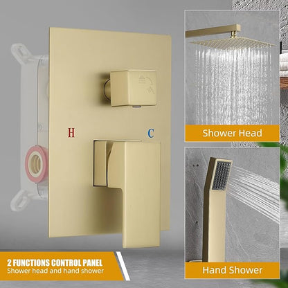 Modern Shower Faucet with 10 Inch Rain Shower head Shower System and Handheld Shower Combo,2-Function Shower Fixtures Included Shower Trim Kit (Brush Gold)