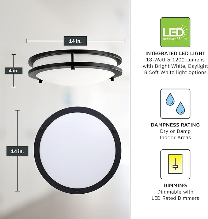 Designers Fountain Flush Mount Ceiling Light, 14 Inch Round LED DC Lighting Fixture Kitchen, Bedroom, Bathroom, and Hallway, Dimmable, 1400 Lumens, 3000K/4000K/5000K, Matte Black, EV1414C3C-43