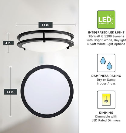 Designers Fountain Flush Mount Ceiling Light, 14 Inch Round LED DC Lighting Fixture Kitchen, Bedroom, Bathroom, and Hallway, Dimmable, 1400 Lumens, 3000K/4000K/5000K, Matte Black, EV1414C3C-43