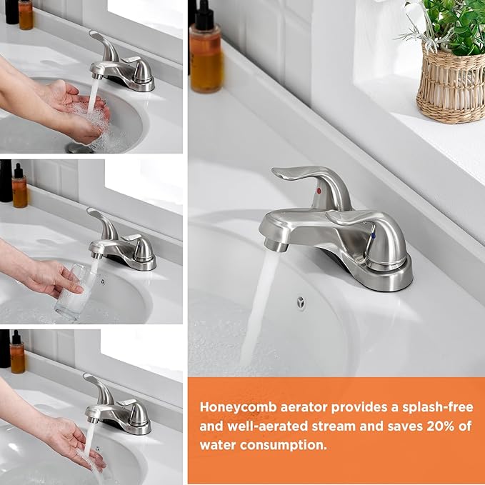Bathroom Sink Faucets 2/3 Hole,Brushed Nickel Dual Handles 4 inch Plastic Plating Over Bathroom Faucet with Pop-up Drain and 2 Supply Hoses for Apartment Rvs Sink Vanity