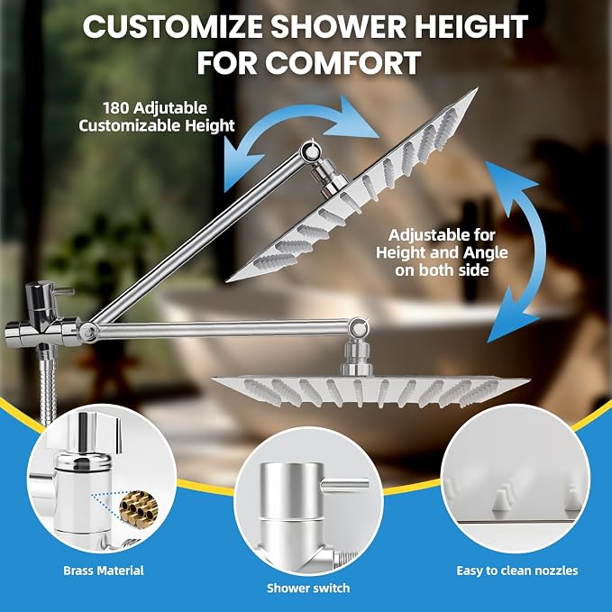 Rainfall Shower Head with Handheld Combo, Silvery, 10 Inch & 3 Spray Modes | 180° Adjustable, Extension Arm, Easy To Install