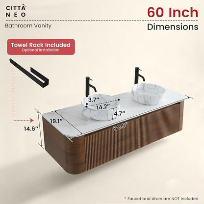 60" Floating Bathroom Vanity with Carrara Finish Sink, Walnut | Pre-Assembled Fluted Wall Mounted Double Sink Vanity with Sintered Stone Countertop, Soft-Close Drawers & Towel Rack