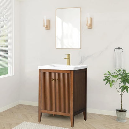 HOMEBEYOND 24" Bathroom Vanity with Ceramic Sink, Solid Wood Free-Standing Vanities Cabinet, Ceramic Top, Golden Brushed Handware & Soft Closing Door, Walnut