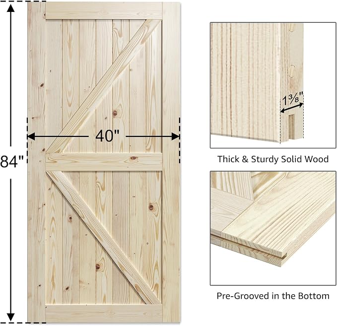 SmartStandard 40in x 84in Sliding Barn Wood Door, Natural, Fit 7FT Rail | Pre-Drilled Ready to Assemble, DIY Unfinished Solid Spruce Wood Panelled Slab, Interior Single Door Only, K-Frame
