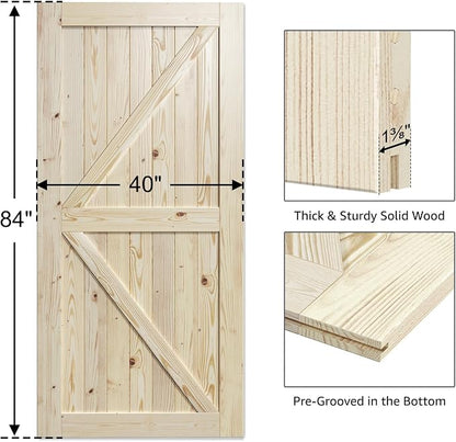 SmartStandard 40in x 84in Sliding Barn Wood Door, Natural, Fit 7FT Rail | Pre-Drilled Ready to Assemble, DIY Unfinished Solid Spruce Wood Panelled Slab, Interior Single Door Only, K-Frame