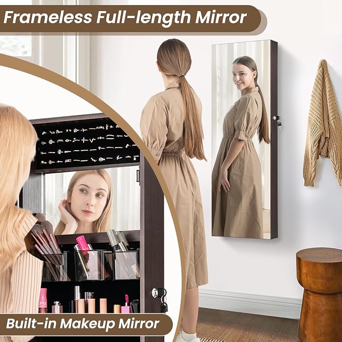 CHARMAID Jewelry Cabinet Wall or Door Mounted, Hanging Lockable Jewelry Armoire Storage With Full Length Mirror, Interior Makeup Mirror, Over the Door Organizer Box (Dark Brown)