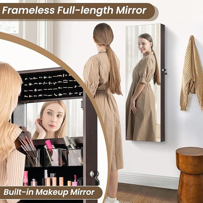 CHARMAID Jewelry Cabinet Wall or Door Mounted, Hanging Lockable Jewelry Armoire Storage With Full Length Mirror, Interior Makeup Mirror, Over the Door Organizer Box (Dark Brown)