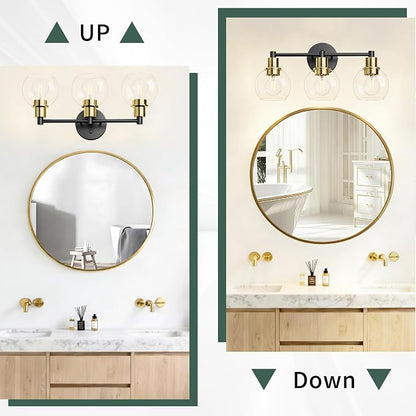 3 Light Bathroom Light Fixtures, Black and Gold Bathroom Vanity Lights, Modern Vanity Lights 3-Light Globe Bathroom Vanity Lighting Fixture Over Mirror