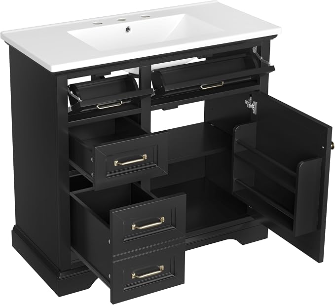 36" Bathroom Vanity with Ceramic Sink,Freestanding Storage Cabinet w/Soft-Close Door and 2 Tip-Out & 2 Drawers,Undermount Single Basin Bath Vanity Set w/Adjustable Shelf,Black