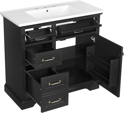 36" Bathroom Vanity with Ceramic Sink,Freestanding Storage Cabinet w/Soft-Close Door and 2 Tip-Out & 2 Drawers,Undermount Single Basin Bath Vanity Set w/Adjustable Shelf,Black