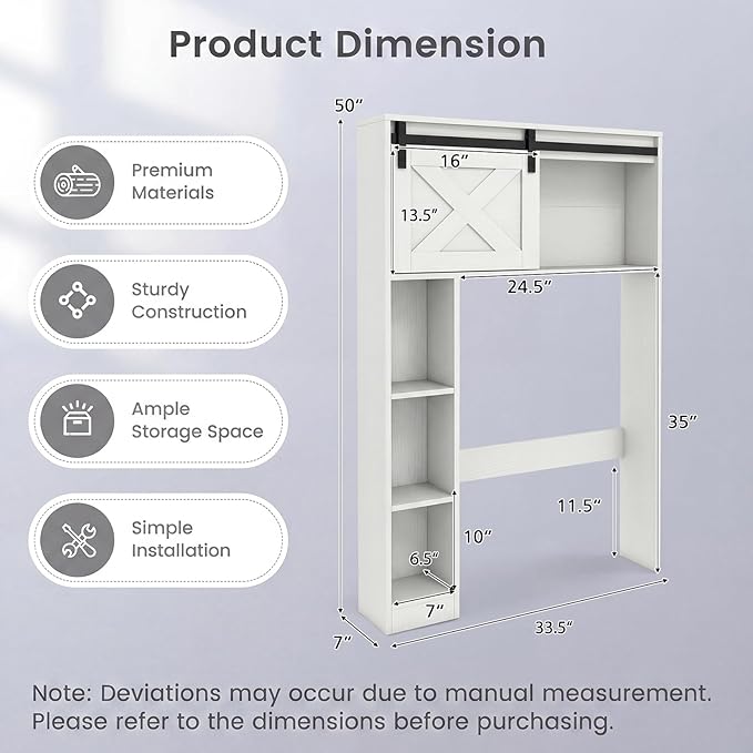 GIANTEX Over The Toilet Storage Cabinet - Freestanding Bathroom Organizer with Sliding Barn Door & Storage Shelves, Multifunctional Bathroom Toilet Rack for Bathroom, Restroom, Laundry (White)