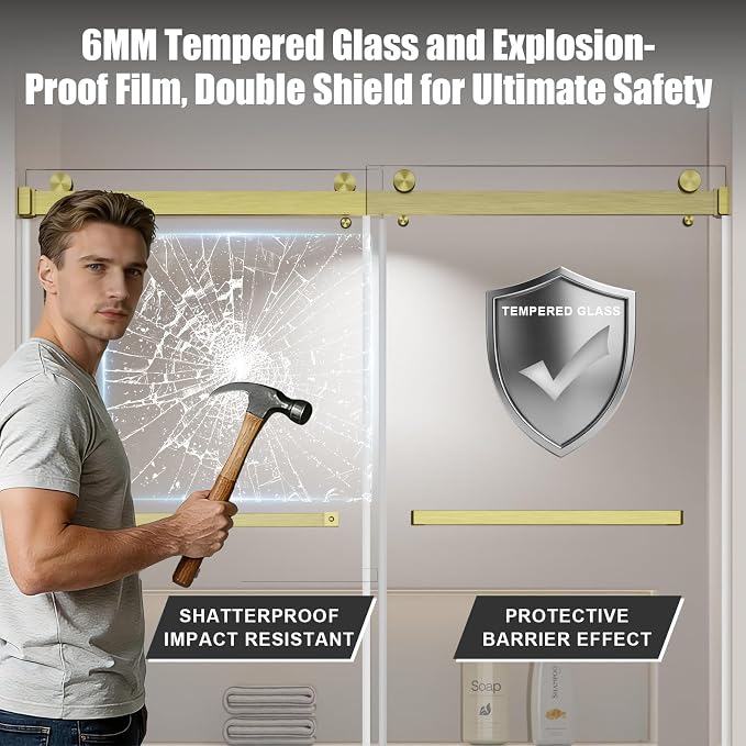 Frameless Shower Door, Frameless Sliding Bathtub Shower Door 60" W x 60" H, 1/4" (6mm) Clear Tempered Glass Tub Shower Door, Glass Shower Door with Full Stainless Steel Hardware, Gold