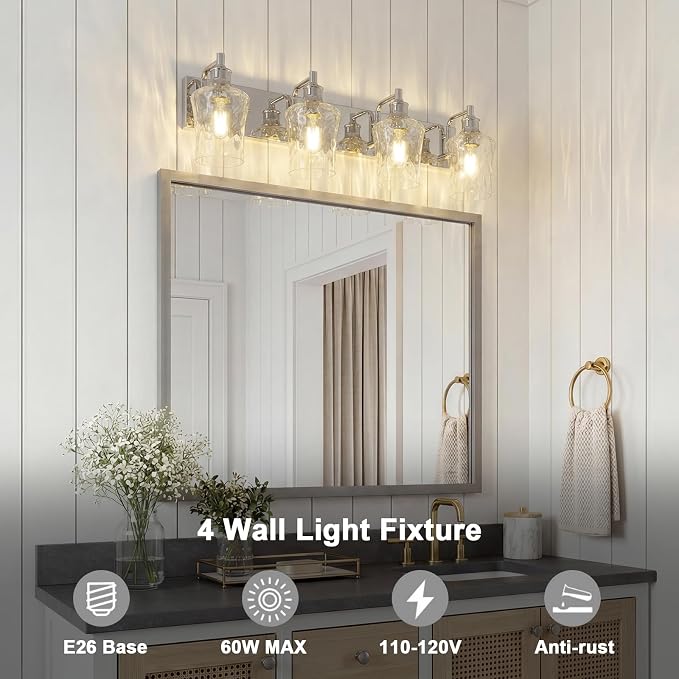 Bathroom Light Fixtures Farmhouse Chrome Vanity Lights for Bathroom Lighting Fixtures Over Mirror with Hammered Glass Lampshade for Cabinet Mirror Bedroom Hallway 4 Light