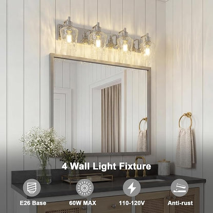 Bathroom Light Fixtures Farmhouse Chrome Vanity Lights for Bathroom Lighting Fixtures Over Mirror with Hammered Glass Lampshade for Cabinet Mirror Bedroom Hallway 4 Light