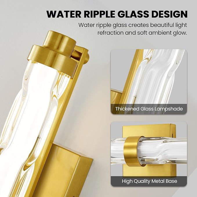 23.6" Gold Wall Sconce, Modern Vanity Light with Ripple Glass Shade, 5CCT Dimmable LED Bathroom Wall Lighting 20W for Mirror, Bedroom, Living Room, Hallway