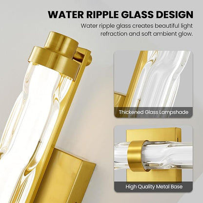 23.6" Gold Wall Sconce, Modern Vanity Light with Ripple Glass Shade, 5CCT Dimmable LED Bathroom Wall Lighting 20W for Mirror, Bedroom, Living Room, Hallway