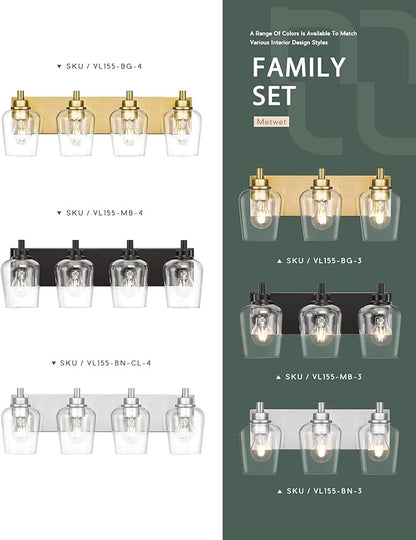 Bathroom Light Fixtures, 3-Light Modern Vanity Light with Clear Glass Wine Glass-Shaped Shade, Vanity Lighting Fixtures Over Mirror, Brushed Gold, VL155-BG-3