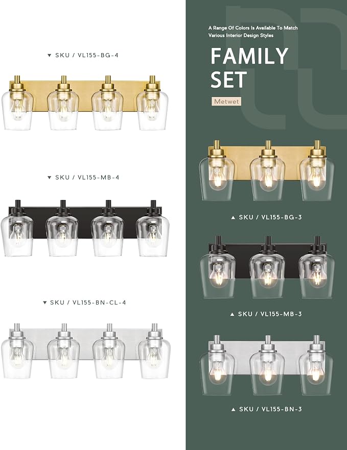 4-Light Brushed Gold Bathroom Vanity Light, Wine Clear Glass Shades | 25.4" modern bathroom light fixtures over mirror, E26 base, bulbs not included, VL155-BG-4