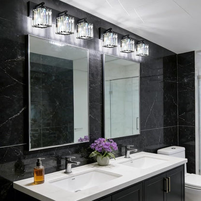 Black Crystal Bathroom Vanity Light, 3-Light Modern Bathroom Lighting Fixtures Over Mirror, Matte Black Wall Sconce Light Fixtures with Square Shade