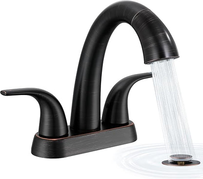 Bathroom Faucet with Sprayer, 4 Inch Oil Rubbed Bronze with Pop Up Drain | Ultimate Unicorn Centerset Pull Down Vanity Faucets 3 Hole- Two Handle Modern Washbasin Tap Set for Rv Lavatory Restroom
