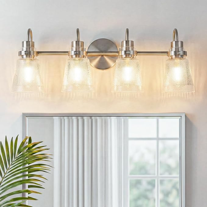4-Light Bathroom Light Fixtures 25.7 Inch Brushed Nickel Vanity Lights for Bathroom Lighting Fixtures Over Mirror with Clear Striped Glass Shade for Mirror Bedroom Hallway