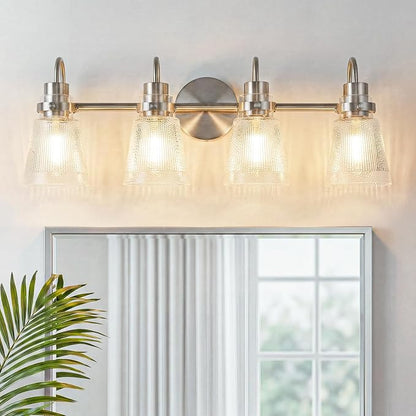 4-Light Bathroom Light Fixtures 25.7 Inch Brushed Nickel Vanity Lights for Bathroom Lighting Fixtures Over Mirror with Clear Striped Glass Shade for Mirror Bedroom Hallway