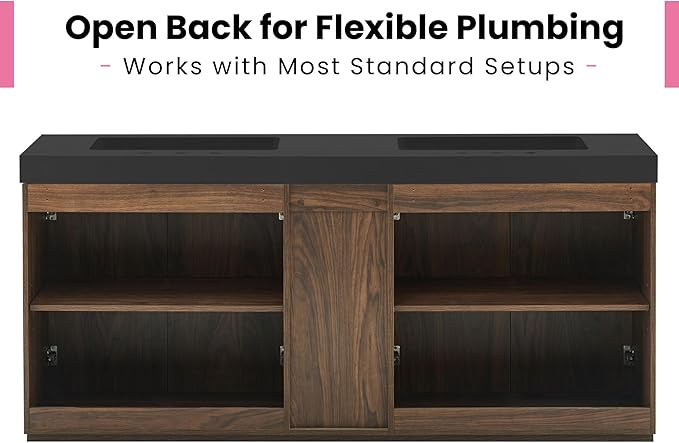 72" Bathroom Vanity with Sink Combo, Mid Century Modern Bathroom Cabinet with 4 Doors & Open Shelf, Matte Black Integrated Sink with Overflow, Brown Walnut