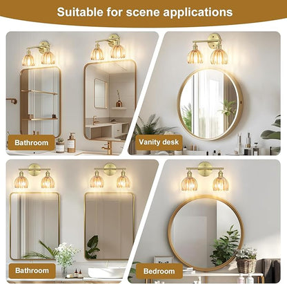Vintage Bathroom Light Fixtures,2-Light Hardwired Vanity Lights with Amber Tulip Glass Shade,Gold Bathroom Vanity Light for Mirror Restroom,E26 Socket,14.57 in(Bulbs Not Included)