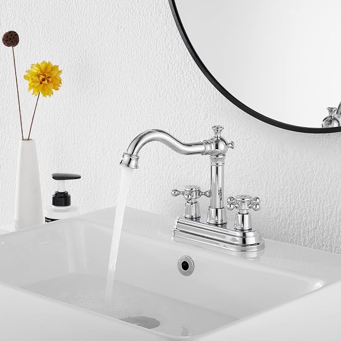 Chrome Bathroom Faucet GGStudy 2 Handles 4 Inches Centerset Bathroom Vanity with Drain Assembly and Supply Hose Lavatory Faucet Mixer Double Handle Tap