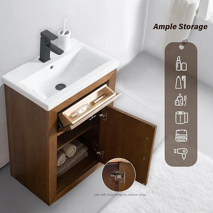 HOMEBEYOND 20" Bathroom Vanity with Single Sink & Ceramic Top, MDF Material Vanity Cabinet with Basin Combo, Soft-Closing Doors, Removable Shelf, Backsplash, Tan