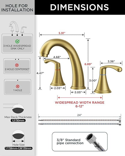 FORIOUS Gold Bathroom Faucet 3 Hole, Widespread Bathroom Sink Faucet 8 Inch with Pop Up Drain and CUPC Supply Hose, 2 Handle for Vanity Rv Commercial Lavatory Restroom