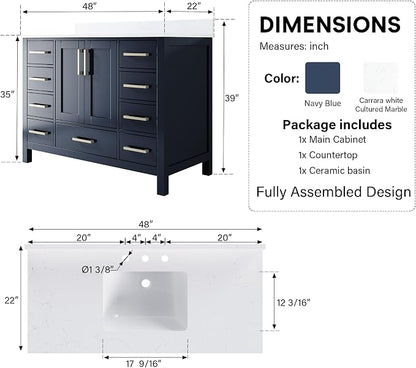 48-Inch Bathroom Vanity with Sink, 2 Soft-Close Doors and 9 Soft-Close Drawers, Bathroom Freestanding Vanity with Cultured Marble Countertop, Navy Blue Vanity with Brushed Nickel Handles