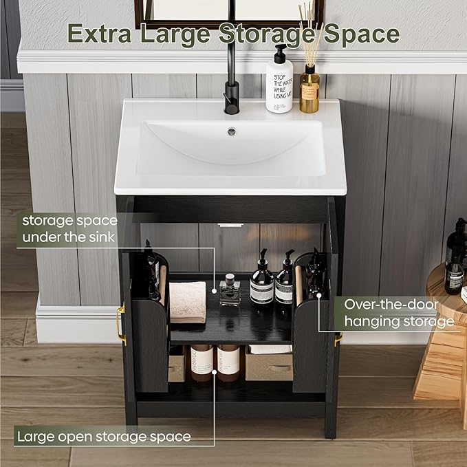 24 Inch Bathroom Vanity with Sink, Small Modern Bathroom Cabinet with LED Light, Bathroom Vanity Set, Double Soft Closing Cabinet Door with Organizer, Black