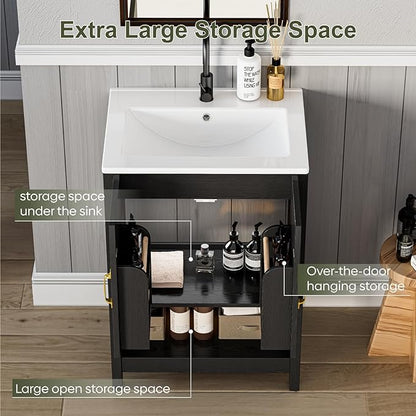24 Inch Bathroom Vanity with Sink, Small Modern Bathroom Cabinet with LED Light, Bathroom Vanity Set, Double Soft Closing Cabinet Door with Organizer, Black