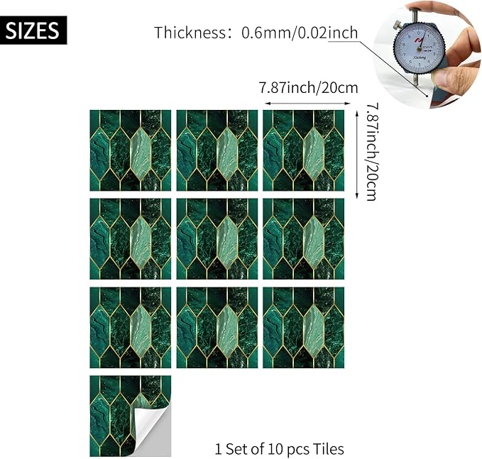 funlife Holographic Emerald Art Deco Peel and Stick Backsplash Self-Adhesive PVC Wall Tiles Easy DIY with Tools for Kitchen Bathroom and Laundry Room 7.87"x7.87"x10-Sheet Hex Emerald
