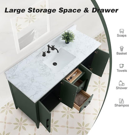 HomeBeyond 60 Inch Bathroom Vanity with Sink & Ceramic Top, Single Vanity Cabinet with Basin, Soft-Closing Doors & Matte Black Hardware, Vintage Green