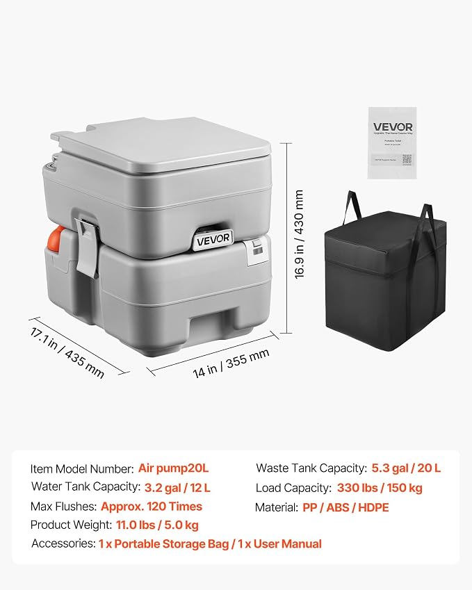 VEVOR Portable Toilet, 5.3 Gallon Detachable Waste Tank & 3.2 Gal Flush Tank, Outdoor Porta Potty for Adults with Level Indicator, Carry Bag, Suitable for RV Travel, Camping, Hiking, Boating