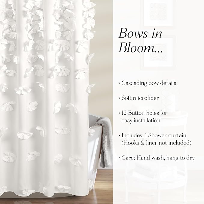 Lush Decor Riley Shower Curtain, 72" W x 72" L, White - Bathroom Curtain - Coquette Decor - Bow Shower Curtains - Cottage Core - Fabric Shower Curtains