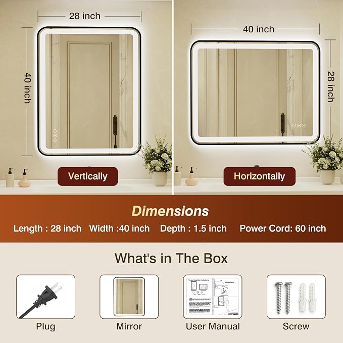28x40 Inch LED Bathroom Mirror with Black Frame,Front and Backlit Vanity Mirror,Tempered Glass,Stepless Dimmable Wall Mirrors with Anti-Fog, 3 Colors, Memory, Waterproof, LED Smart Bathroom Mirror