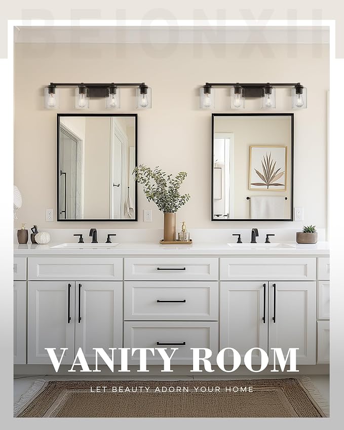 Beionxii 34In Farmhouse Bathroom Light Fixtures,Rustic Vanity Light Fixture | 4-Light Bathroom Vanity Light Fixture, Seeded Glass Shade, Oil Rubbed Bronze Over Mirror for Bathroom Living Room, BXMB9002-4