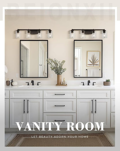 Beionxii 34In Farmhouse Bathroom Light Fixtures,Rustic Vanity Light Fixture | 4-Light Bathroom Vanity Light Fixture, Seeded Glass Shade, Oil Rubbed Bronze Over Mirror for Bathroom Living Room, BXMB9002-4