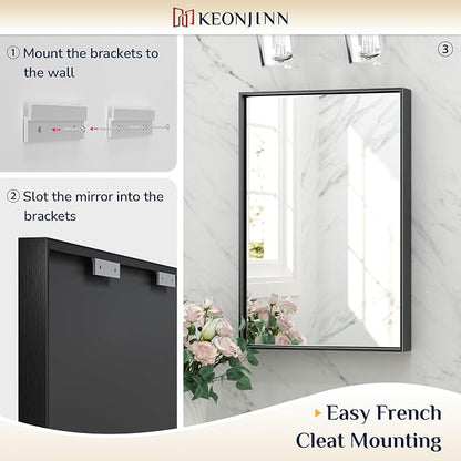 Keonjinn 22x30 Inch Black Bathroom Mirror for Over Sink,HD Tempered Glass | Rectangular, Vanity Mirror, Brushed Framed, Square Corner, Modern Farmhouse, Wall Mounted Mirrors, Aluminum Alloy